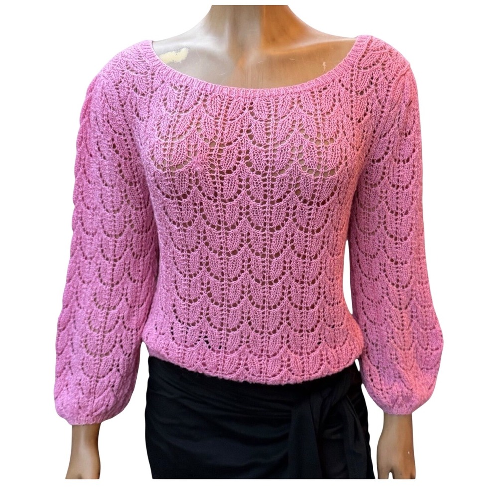 Pink Pointelle Lace Openwork Knit Sweater Balloon Sleeve Coquette Balletcore S/M
